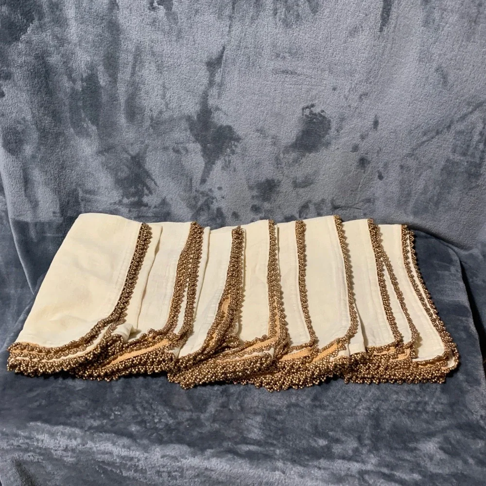 Pier 1 Linen ImportNapkins Set of 8 Cream Gold Beaded Trim Square Traditional